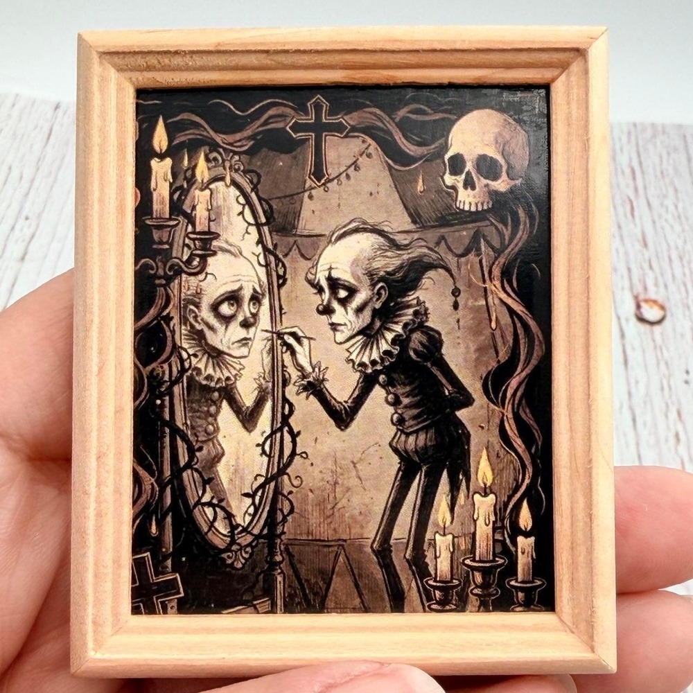 Gothic Clown Mirror Art Magnet Upcycled Wood Frame Dark Surrealism Skull Decor